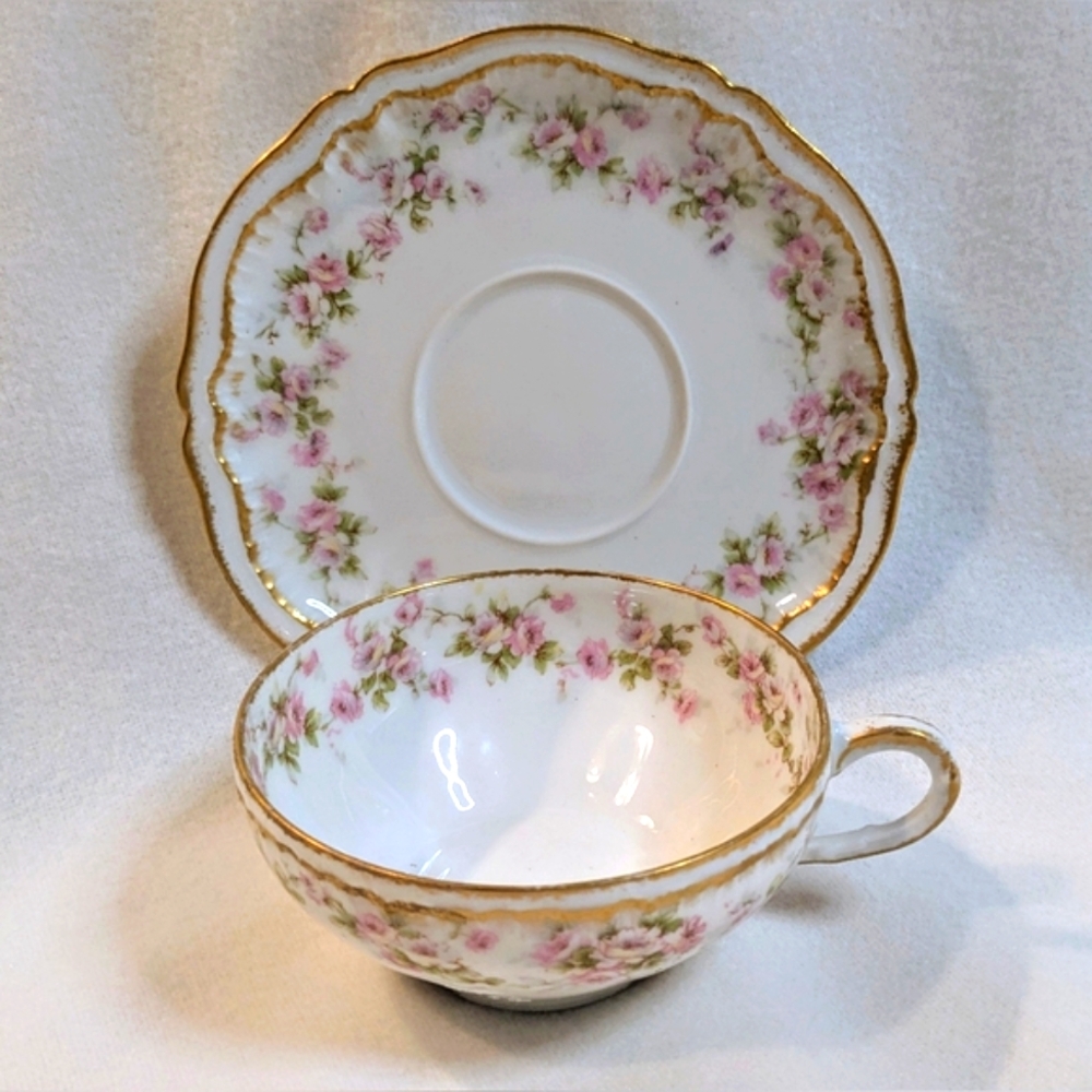 Theodore Haviland Limoges France Cup & Saucer Double Gold Ribbon Pink Flower